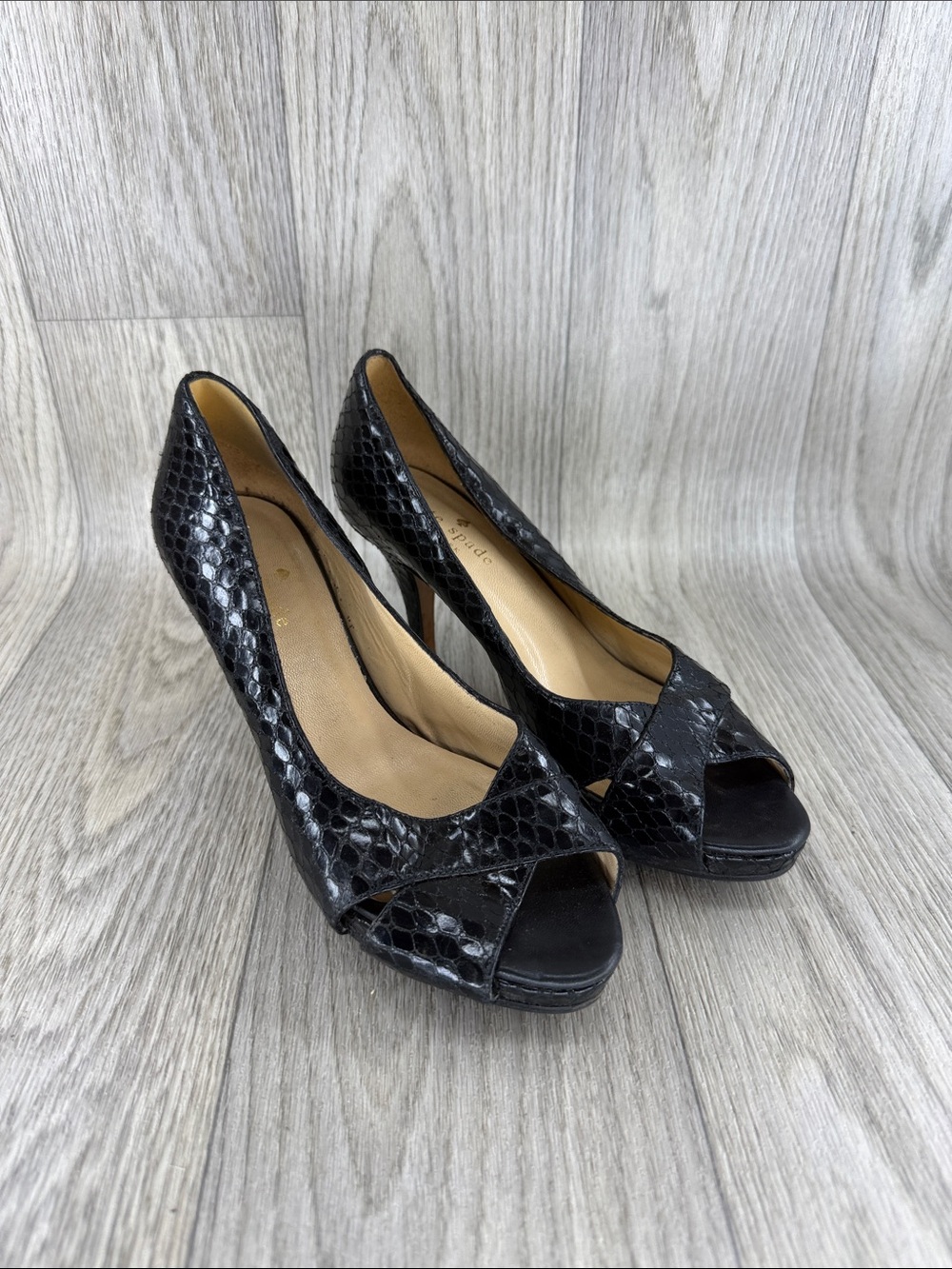 kate spade Black Snakeskin Peep-Toe Heels